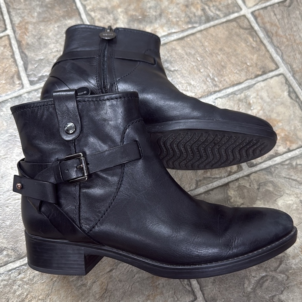 Geox Respira Leather Ankle Boots with Chunky Heel and Strap Detail, Zip, Black